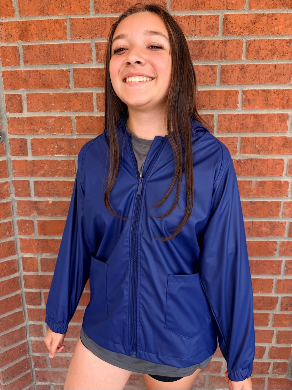 NWT Kids' Size Large Navy Raincoat with Hood and Front Pockets